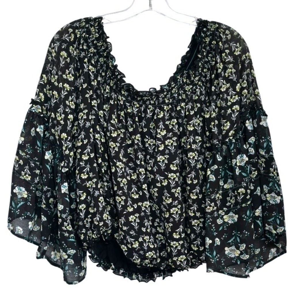 Free People Black Yellow Floral Crop Blouse Bell Sleeve Fairycore Romantic L